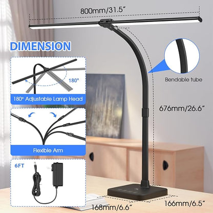 ShineTech LED Desk Lamp for Home Office, 24W Double Head Desk Light with Wireless Charging, USB Port, Adjustable Lamps, 5000K Daylight White