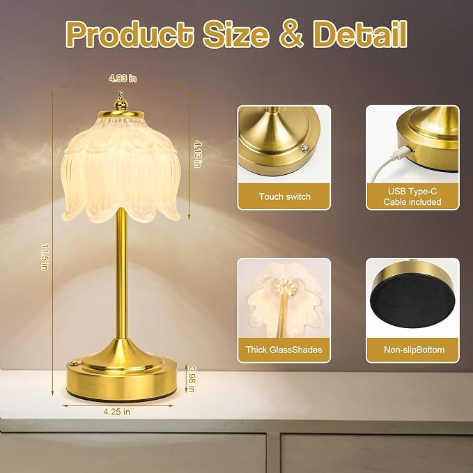 Cordless Lotus Flower Table Lamp, 5200mAh Rechargeable Battery Operated Portable Lamp, 3-Color Dimmable Touch Control Small Desk Lamp for Bedroom, Office, Kitchen, Nightstand,Room Decor(White)