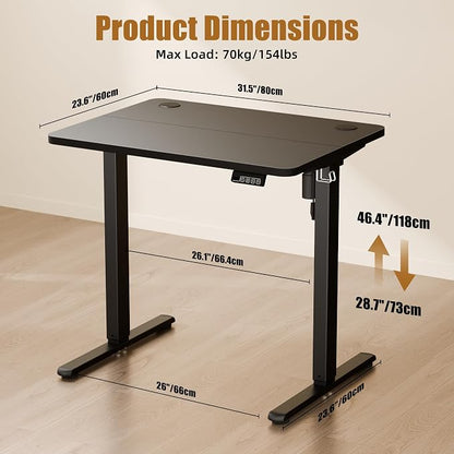 ERGOMAKER Electric Small Standing Desk, 31.5" x 23.6" Height Adjustable Sit Stand Desk with Splice Board for Home Office, Computer Desk Memory Preset (Black Frame, Black Desktop)
