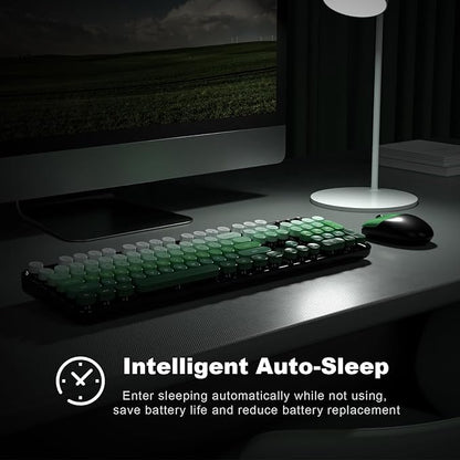 MOFII Wireless Keyboard and Mouse Combo, Full Size 2.4G Plug and Play Typewriter Retro Round Computer Keyboard and Mouse Set for Windows, Computer, Desktop, PC, Notebook - (Black Green Gradient)