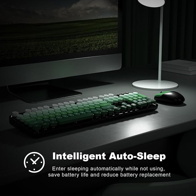 Wireless Keyboard and Mouse Combo, 2.4GHz Gradient Colorful Full-Size Retro Typewriter Keyboard with Wireless Mouse for PC/Desktop/Laptop/Windows (Black Green)