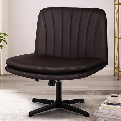 PUKAMI Criss Cross Chair,Comfy Cross Legged Office Desk Chair No Wheels,Modern Fabric Swivel Adjustable Height Mid Back Wide Seat for Home Office Computer (Pu Brown)