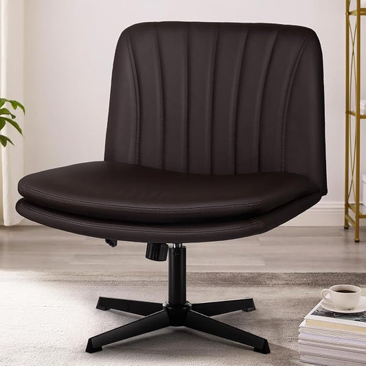 PUKAMI Criss Cross Chair,Comfy Cross Legged Office Desk Chair No Wheels,Modern Fabric Swivel Adjustable Height Mid Back Wide Seat for Home Office Computer (Pu Brown)