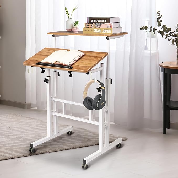 SIDUCAL Small Standing Desk, Portable Stand Up Desk, Height Adjustable Mobile Standing Table Converter with Wheels Computer Workstations, Rolling Laptop Cart for Stand or Sit, Vintage Oak