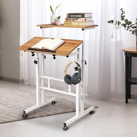 SIDUCAL Small Standing Desk, Portable Stand Up Desk, Height Adjustable Mobile Standing Table Converter with Wheels Computer Workstations, Rolling Laptop Cart for Stand or Sit, Vintage Oak