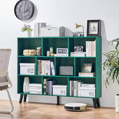 LEYAOYAO 10 Cube Bookshelf, 3 Tier Vintage 55" Wide Bookcase with Legs, Mid-Century Wood Bookshelves Storage, Dark Green Large Book Case, Freestanding Organizer Display Shelf for Living Room, Office