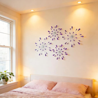 ZEXUIRU 4 Set Silver Starburst Wall Art for Home Decor Metal Bling Crystal Rhinestones Sunburst Wall Decor Sparkling Rhinestone Art Accent -Purple 13in/11.8in/9.8in/9.8in
