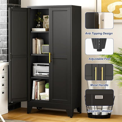 Metal Storage Cabinet with 2 Doors and 3 Adjustable Shelves - 61" Steel File Cabinet,Tool Cabinets for Office,Home,Garage,Gym,School,Bathroom,Kitchen(Black)