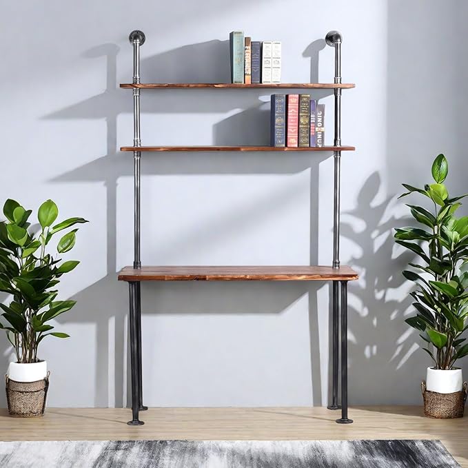 Industrial Style Office Decor,Computer Desk 47.2"×20"×79" with 2-Tier Storage Pipe Shelves,Bookshelf Laptop Desk,Studying Writing Table Workstation with Hutch for Home Ofiice