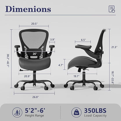 GYI Ergonomic Office Chair with Memory Foam Cushion, Big and Tall Office Chair, 4.7" Thickened Seat Heavy Duty Desk Chair with Technical Mesh Back, 3D Flip-up Arms, Wheels for Heavy People, Black