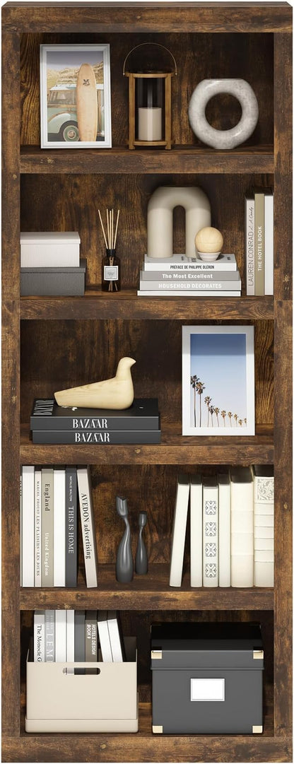 Furinno Rail Book Shelf, 5-Tier Bookshelf with Open Shelf, Bookcase with Classic Style Edges, 10 x 24.6 x 63.5, for Organization and Storage, for Living Room, Bedroom, Home Office, Amber Pine