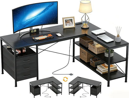 Alpen L Shaped Desk, Black Desk for Bedroom, Gaming Table with Power Outlets, 3 Drawers and Shelves, Large Corner Desk for Gaming, Study Writing PC Table for Work, 55 Inch