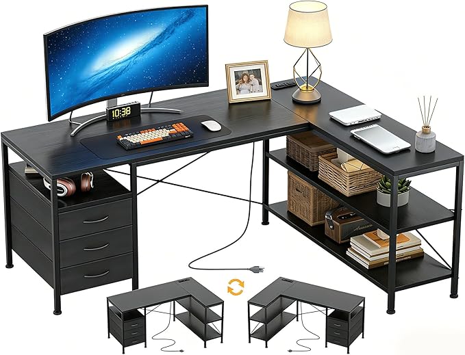 Alpen Computer Desk with Drawers, L Shaped Desk for Bedroom with Power Outlets, Gaming Table with 3 Drawers and Shelves, Corner Desk for Gaming, Study Writing PC Table, 47 Inch, Black