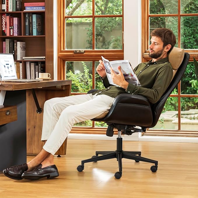 Glitzhome High Back Office Chair,Modern Ergonomic Swivel Office Chair,Adjustable Home Office Desk Chair with Lumbar Support,Black & Camel