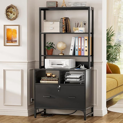 Homieasy File Cabinet with Charging Station, Vertical Filing Cabinet with Lock & Large Drawer, Printer Stand with Storage Shelves, Office Storage Cabinet fits Letter/A4/Legal Size, Black