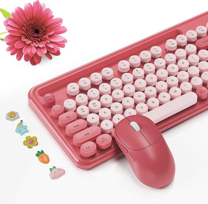 Wireless Keyboard and Mouse Combo, Retro Round Keycaps, Full-Size Stylish Typewriter Keyboard with Large Phone/Tablet Holder, 3-Level DPI Ergonomic Mouse, 2.4GHz Cordless for Windows PC, Rose Pink