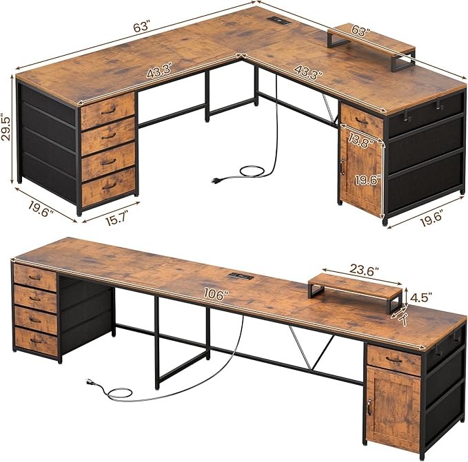 SEDETA L Shaped Desk, 63'' Corner Desk with 5 Drawer & Power Outlet, Larger Home Office Desk or Gaming Desk, L Shaped Corner Desk with Monitor Shelf, Storage Cabinet, Rustic Brown