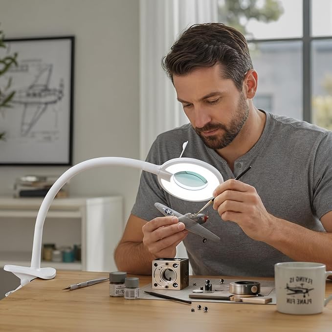 Clip On Magnifier Desk Lamp, Flexible Gooseneck, 2-in-1 Magnifying Glass 3X+6X Led Work Light for Reading, 3 Dimmable Office Magnifying Lamp, Hands Free Mag Desk Lamp for Crafts Sewing Needlepoint