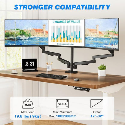 Triple Monitor Desk Mount Stand for 17"-32" Screens, Extra Tall & Long Desk Mount Hold up to 19.8lbs Each, Three Display Arm for Working Gaming with Tilt Swivel Rotation, VESA 75/100mm