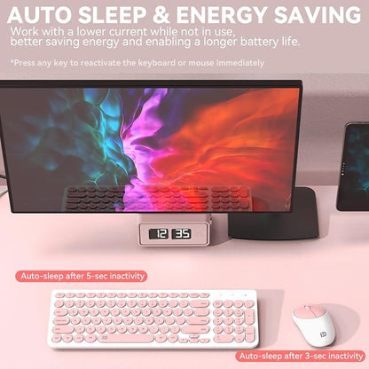 FD iK6630 Wireless Keyboard and Mouse Combo - 2.4GHz USB Cordless, Cute Round Keys, Quiet and Slim Set for Laptop, Computer, TV, and Mac - Salmon Pink & White