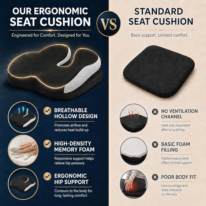 Seat Cushions for Office Chairs Wheelchair Cushion for Long Sitting Back Pain，Memory Foam Seat Car Computer Desk Chair Cushion，Coccyx Cushion for Tailbone Pain Relief Cushion Office Chair Black