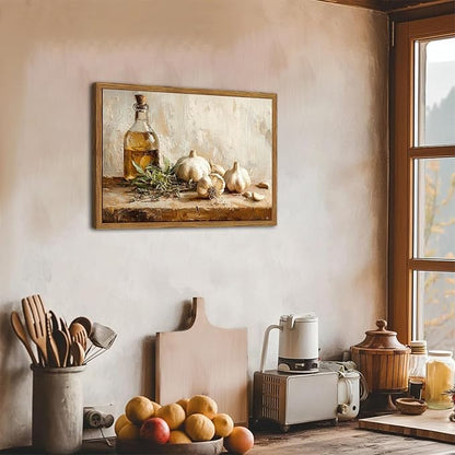 Framed Vintage Kitchen Canvas Wall Art, Rustic Garlic and Herbs Pictures Wall Decor, Neutral Still Life Paintings Prints Aesthetic Home Decor for Farmhouse Dining Room Living Room 16x24 inch