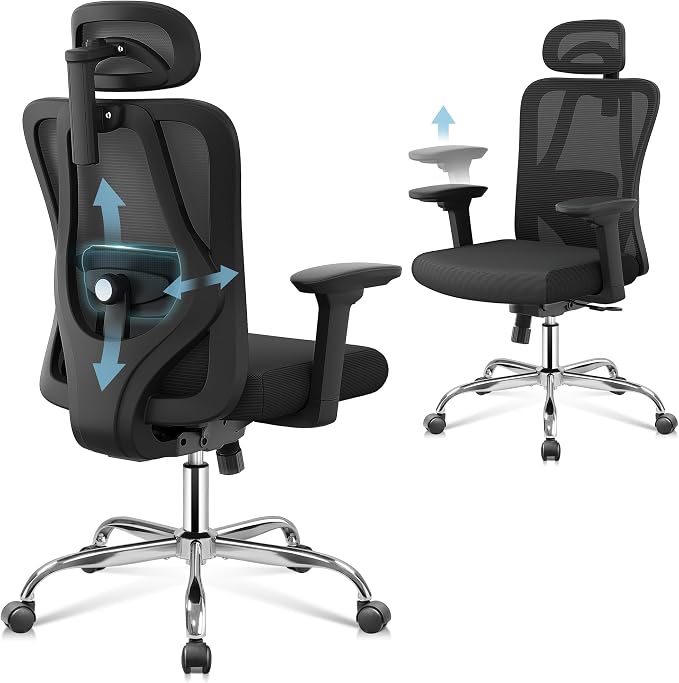 DEVAISE Ergonomic Mesh Office Chair with Adjustable 3D Headrest and Tilt Function, Big and Tall Reclining Comfy Home Computer Desk Chair with Lumbar Support and 3D Armrests, Black