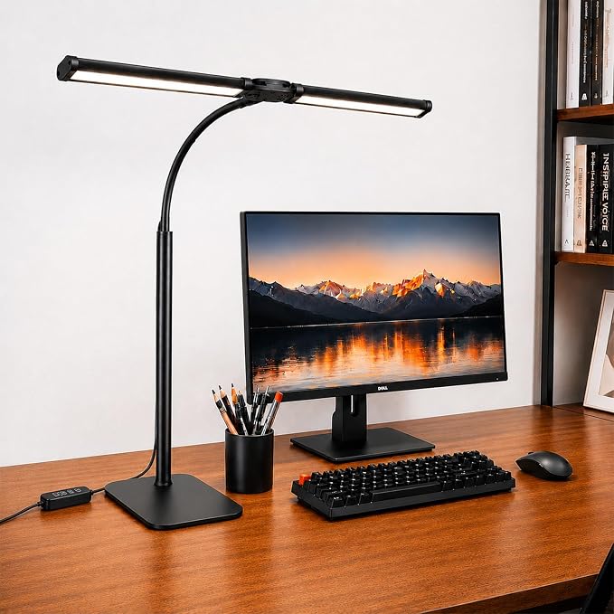 24" Double Head LED Desk Lamp, 15W Wide Architect Desk Light with Base for Home Office, 360° Flexible Gooseneck Task Lamp, 3 Color Modes, 10 Brightness Levels, Memory Function, Black