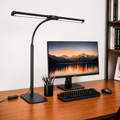 24" Double Head LED Desk Lamp, 15W Wide Architect Desk Light with Base for Home Office, 360° Flexible Gooseneck Task Lamp, 3 Color Modes, 10 Brightness Levels, Memory Function, Black