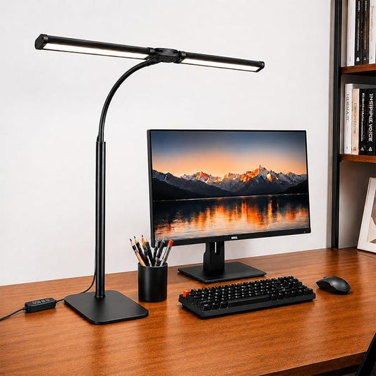 24" Double Head LED Desk Lamp, 15W Wide Architect Desk Light with Base for Home Office, 360° Flexible Gooseneck Task Lamp, 3 Color Modes, 10 Brightness Levels, Memory Function, Black