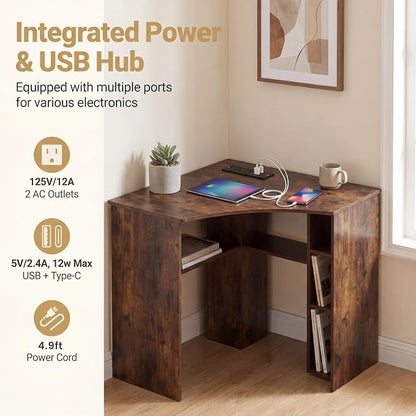 Giantex Corner Desk, Triangle Computer Desk with Charging Station, Open Storage Shelves and Curved Edge, Industrial Space Saving Writing Desk for Small Spaces, Home Office, Bedroom