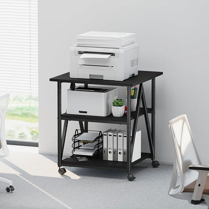 Arbuxzuy 3-Tier Printer Stand, Large Printer Table with Storage, Industrial Printer Storage Cart with Wheels, Rolling Printer Stand for Heat Press Scanner Fax, Black