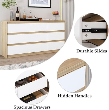 63” Dresser Chest of Drawers 9 Drawer Dresser, Modern 9 Drawer Chest for Living Room Bedroom, No Handle Design, White and Oak 15.7”D x 63”W x 31.5”H