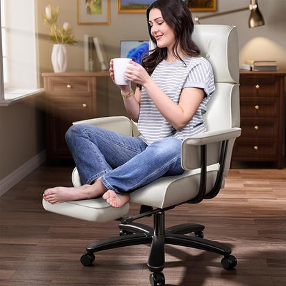 SeekFancy Reclining Criss Cross Office Chair with Wheels & Arms, White | Button-tufted PU leather; retractable footrest; 400 lbs capacity; 10% thickened wide cushion; retro executive design.