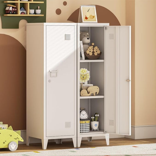 Locker Cabinet, 50" White Small Metal Locker Storage Cabinet for Employees with Locking Door and 2 Shelves Kids Locker Tool File Cabinets for Office, Garage