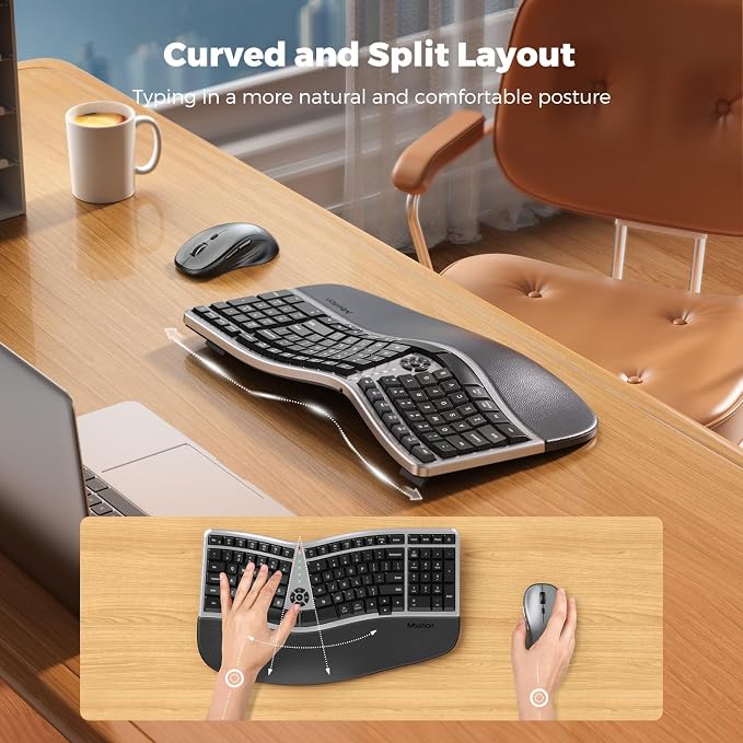 MEETION Ergonomic Wireless Keyboard and Mouse Combo, 2.4G Curved Compact Keyboard with Cushioned Palm Rest, 4 Level DPI Adjustable Wireless Mouse, for Windows/Mac/Desktop/Laptop/PC, Gray Black