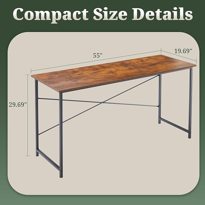 Computer Desk 55 Inch, Simple Home Office Desk Study Writing Table, Sturdy Metal Frame, Scratch-Resistant MDF Desktop for Bedroom Dorm Workspace, Brown