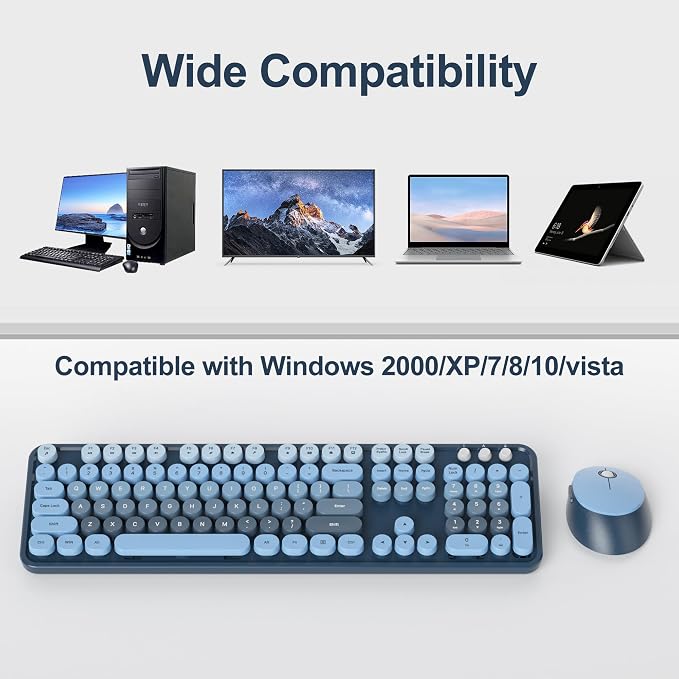 Wireless Keyboard and Mouse Set, Retro Typewriter, 2.4GHz Full Size 104-Key Cute Keyboard with Number Pad, Colorful with Round Keycaps for Windows PC Laptop(Sea Blue)