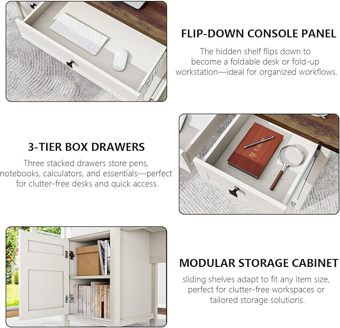 62 Inch Antique White Farmhouse Computer Desk | Center Drawer, 4 Storage Drawers (1 File Drawer) & Side Cabinet, Built-in USB Power Ports for Home Office & Bedroom Workspace