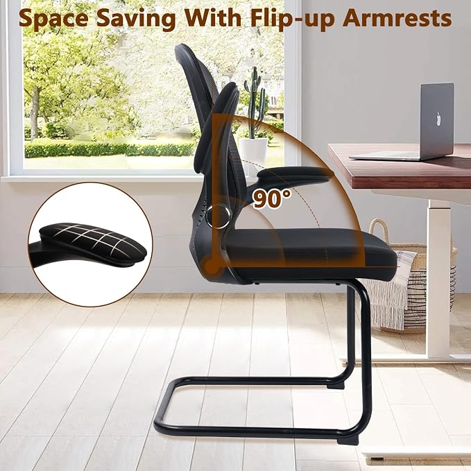 CLATINA Office Guest Chair no Wheels, Ergonomic Mesh Desk Chair Adjustable Lumbar Support and Flip Up Arms, Sled Base for Office Guest & Reception Chairs for Conference Room,Black (2PK)