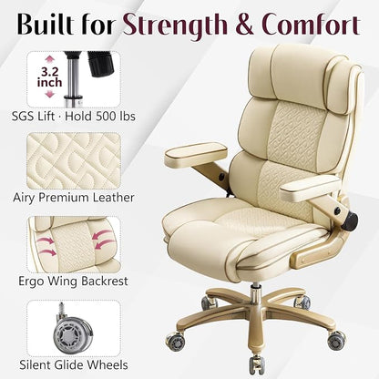 Big and Tall Office Chair 500lbs,5D Armrests Heavy Duty Executive Leather Chair with Comfortable Seat, Adjustable Lumbar, High Back, Large Computer Desk Chair for Home Office, Beige