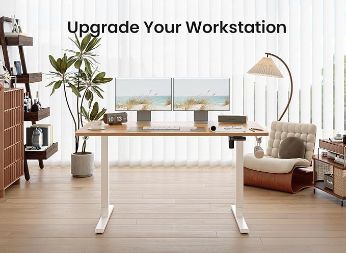 BANTI 63 × 28 Inches Standing Desk, Ergonomic, Electric Height Adjustable, Sit and Stand Up, Computer Office Desk with Splice Board, White Frame/Light Rustic Top