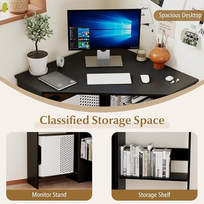 Giantex Corner Desk, Space-Saving Triangle Computer Desk with Storage Shelves & CPU Stand, Modern Makeup Vanity Table for Bedroom, Writing Desk for Small Spaces (Black)