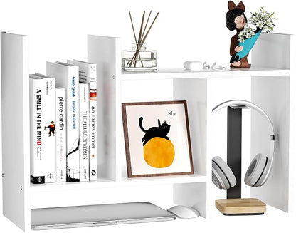 Desk Shelves Wood Desktop Orgnizer Shelf. Office Organization for Top of Desk Organizers and Accessories Bookshelf Shelving,Adjustable Tier H-Shape Mini Bookcase(White)