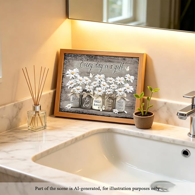CXQILVER Framed Rustic Farmhouse Bathroom Wall Art, Vintage Daisy Flower and Butterfly Canvas Wall Decor, Inspirational Quote Country Floral Painting Poster for Bathroom Restroom Bedroom 8x10 Inch