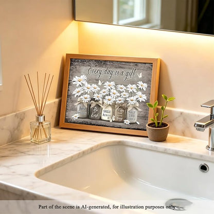 CXQILVER Framed Rustic Farmhouse Bathroom Wall Art, Vintage Daisy Flower and Butterfly Canvas Wall Decor, Inspirational Quote Country Floral Painting Poster for Bathroom Restroom Bedroom 8x10 Inch