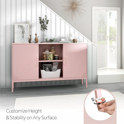 Steehoom Metal TV Stand with Doors and Shelves Modern Metal Storage Cabinet Coffee Bar 2 Door Locker for Office Living Room Kitchen (Pink, 47.24" D x 13.78" W x 29.53" H)