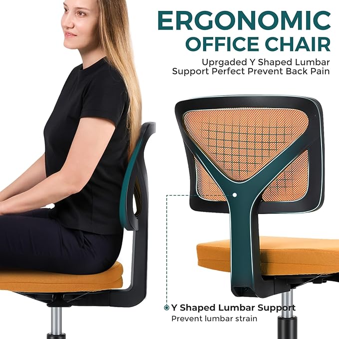 DUMOS Armless Office Chairs with Wheels, Ergonomic Adjustable Home Desk Swivel Rolling Task Chair No Arms, Comfy Mesh Mid Back Computer Work Vanity Desk Chairs for Small Spaces, Orange