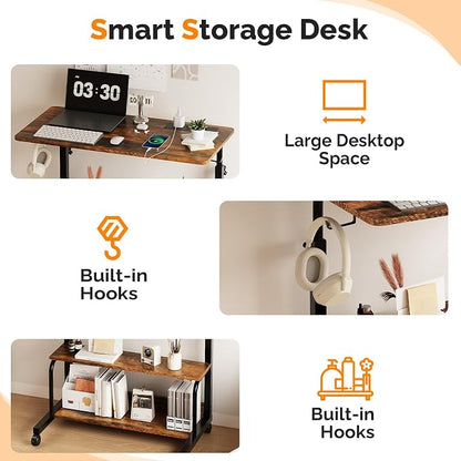 VINGLI 31.5" Mobile Small Standing Desk, Adjustable Height Mobile Computer Desk, w/2 AC Outlets + 3 USB Ports & Hooks, Storage Shelves, Suitable for Gaming, Studying, Home Office, Vintage Brown