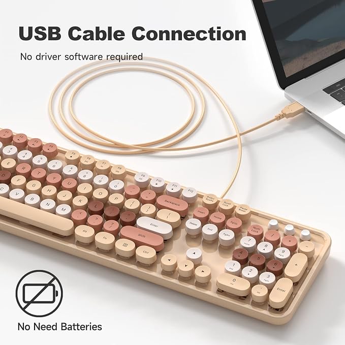 MOWUX Computer Keyboard Wired, Plug Play USB Retro Round Typewriter Keyboard, Full Size Wired Keyboard with Foldable Stands for Laptop and Office PC- Milk Tea Colorful